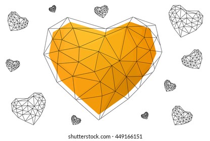 Light orange heart isolated on white background. Geometric rumpled triangular low poly origami style gradient graphic illustration. Vector polygonal design for your business.