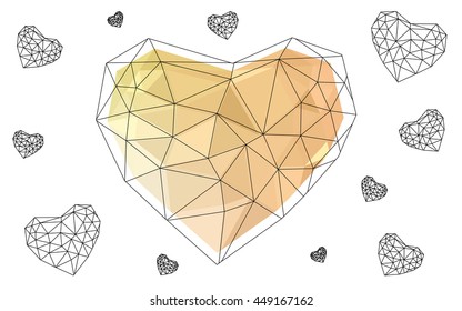Light orange heart isolated on white background. Geometric rumpled triangular low poly origami style gradient graphic illustration. Vector polygonal design for your business.