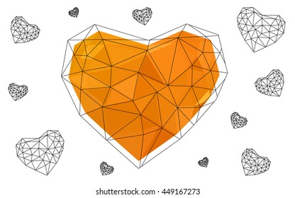 Light orange heart isolated on white background. Geometric rumpled triangular low poly origami style gradient graphic illustration. Vector polygonal design for your business.