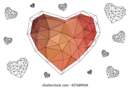 Light orange heart isolated on white background. Geometric rumpled triangular low poly origami style gradient graphic illustration. Vector polygonal design for your business.