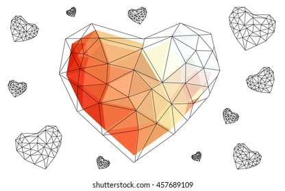 Light orange heart isolated on white background. Geometric rumpled triangular low poly origami style gradient graphic illustration. Vector polygonal design for your business.