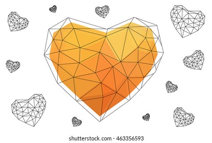 Light orange heart isolated on white background. Geometric rumpled triangular low poly origami style gradient graphic illustration. Vector polygonal design for your business.