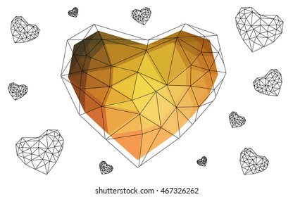 Light orange heart isolated on white background. Geometric rumpled triangular low poly origami style gradient graphic illustration. Vector polygonal design for your business.