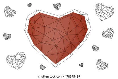 Light orange heart isolated on white background. Geometric rumpled triangular low poly origami style gradient graphic illustration. Vector polygonal design for your business.