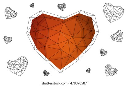 Light orange heart isolated on white background. Geometric rumpled triangular low poly origami style gradient graphic illustration. Vector polygonal design for your business.