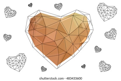 Light orange heart isolated on white background. Geometric rumpled triangular low poly origami style gradient graphic illustration. Vector polygonal design for your business.