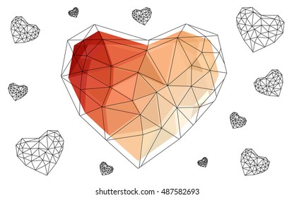 Light orange heart isolated on white background. Geometric rumpled triangular low poly origami style gradient graphic illustration. Vector polygonal design for your business.