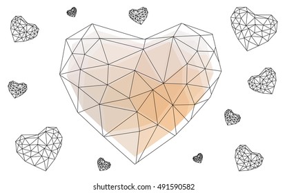 Light orange heart isolated on white background. Geometric rumpled triangular low poly origami style gradient graphic illustration. Vector polygonal design for your business.