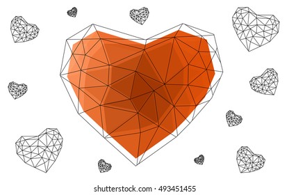Light orange heart isolated on white background. Geometric rumpled triangular low poly origami style gradient graphic illustration. Vector polygonal design for your business.