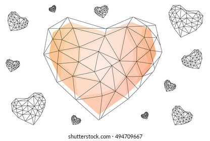 Light orange heart isolated on white background. Geometric rumpled triangular low poly origami style gradient graphic illustration. Vector polygonal design for your business.