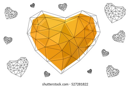 Light orange heart isolated on white background. Geometric rumpled triangular low poly origami style gradient graphic illustration. Vector polygonal design for your business.