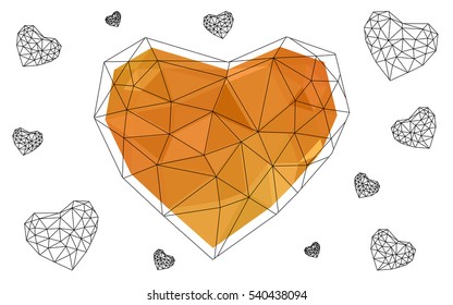 Light orange heart isolated on white background. Geometric rumpled triangular low poly origami style gradient graphic illustration. Vector polygonal design for your business.