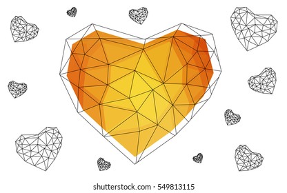 Light orange heart isolated on white background. Geometric rumpled triangular low poly origami style gradient graphic illustration. Vector polygonal design for your business.