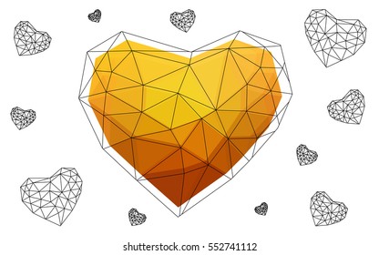Light orange heart isolated on white background. Geometric rumpled triangular low poly origami style gradient graphic illustration. Vector polygonal design for your business.