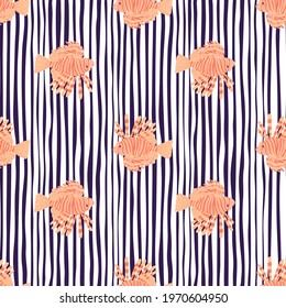 Light orange lionfish elements seamless pattern in doodle style. Black and white striped background. Perfect for fabric design, textile print, wrapping, cover. Vector illustration.