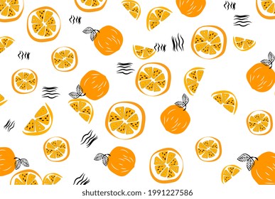 LIGHT Orange pattern with Fresh oranges for fabric background and drawing labels, print on t-shirt, wallpaper of children's room, fruit background. Slices of orange doodle style and cheerful backgroun