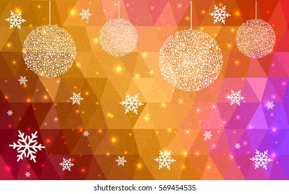 Light orange, pink vector christmas polygon background. Low poly Illustration consisting of triangles with snowflakes. Texture, seamless background of New Year celebration.