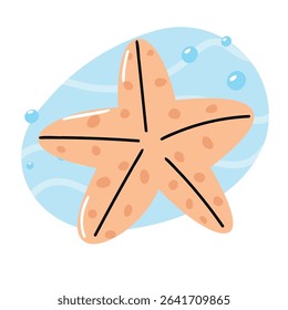 A light orange starfish with brown spots floats in a blue ocean background. Bubbles surround the starfish, creating a serene underwater scene.