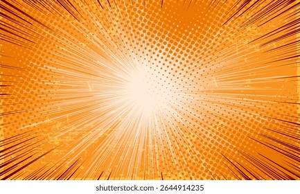 Light orange sunburst pattern with grunge and halftone effect background. Abstract sun rays flare background. Bright comic sunburst effect background for templates, sales banners, events, ads, web, 