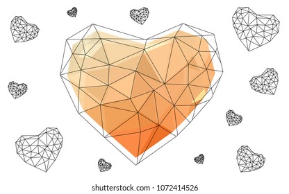 Light Orange vector abstract glitter heart shape on white background in love concept for valentine's day with sweet and romantic moment. Polygonal design for your business.