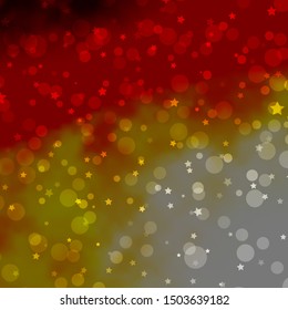 Light Orange vector backdrop with circles, stars. Abstract design in gradient style with bubbles, stars. Design for wallpaper, fabric makers.