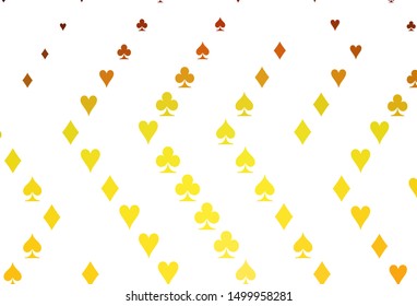 Light Orange vector background with cards signs. Blurred decorative design of hearts, spades, clubs, diamonds. Pattern for booklets, leaflets of gambling houses.