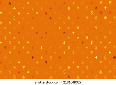 Light orange vector background with cards signs. Blurred decorative design of hearts, spades, clubs, diamonds. Smart design for your business advert of casinos.
