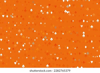 Light Orange vector background with cards signs. Shining illustration with hearts, spades, clubs, diamonds. Smart design for your business advert of casinos.