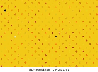 Light orange vector background with cards signs. Illustration with set of hearts, spades, clubs, diamonds. Pattern for leaflets of poker games, events.
