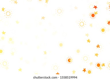 Light Orange vector background with colorful stars, suns. Shining illustration with stars, suns on abstract template. Pattern for astronomy websites.