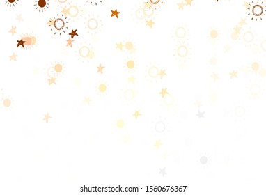 Light Orange vector background with colorful stars, suns. Shining illustration with stars, suns on abstract template. Template for cosmic backgrounds.