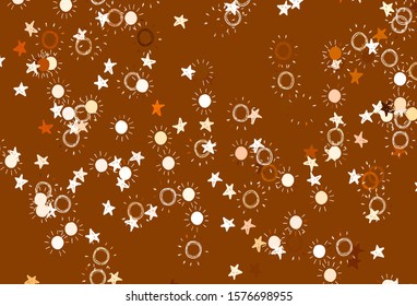 Light Orange vector background with colorful stars, suns. Shining illustration with stars, suns on abstract template. Template for cosmic backgrounds.