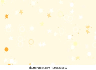 Light Orange vector background with colorful stars, suns. Shining illustration with stars, suns on abstract template. Best design for your ad, poster, banner.