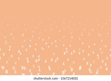 Light Orange vector background with signs of currency. Modern abstract illustration with symbols of digital money. Pattern for bank ads, posters, banners.
