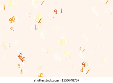 Light Orange vector background with symbols of 30, 50, 90 % sales. Shining colorful illustration with isolated selling prices. Design for business ads, commercials.