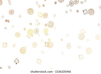 Light Orange vector background with tasty food. Colorful decorative design of snacks in doodle style. Template for meal cooking in kitchen.