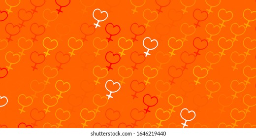 Fondo vectorial de color naranja claro con símbolos femeninos. Símbolos feministas coloridos con un degradado de estilo moderno. Diseño para el Día Internacional de la Mujer.