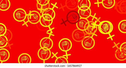 Fondo vectorial de color naranja claro con símbolos femeninos. Ilustración con signos de fuerza y poder de las mujeres. Diseño sencillo para su sitio web.