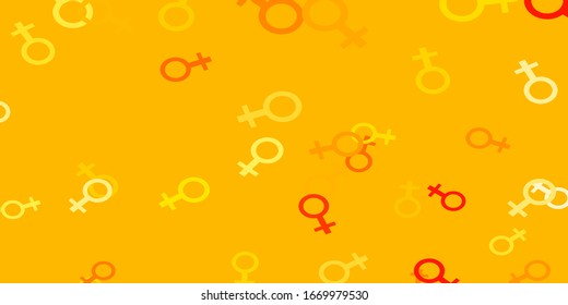 Fondo vectorial de color naranja claro con símbolos femeninos. Símbolos feministas coloridos con un degradado de estilo moderno. Antecedentes para nuestros diseñadores.