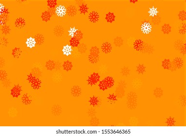 Light Orange vector background with xmas snowflakes. Shining colored illustration with snow in christmas style. New year design for your ad, poster, banner.