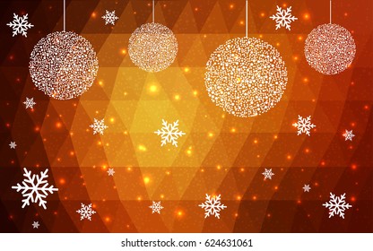 Light orange vector christmas polygon background. Low poly Illustration consisting of triangles with snowflakes. Texture, seamless background of New Year celebration.
