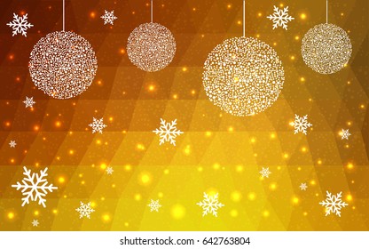 Light Orange vector christmas polygon background. Low poly Illustration consisting of triangles with snowflakes. Texture, seamless background of New Year celebration.
