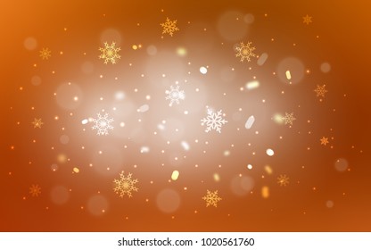 Light Orange vector cover with beautiful snowflakes. Decorative shining illustration with snow on abstract template. The pattern can be used for year new  websites.