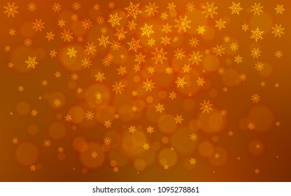 Light Orange vector cover with beautiful snowflakes. Snow on blurred abstract background with gradient. The template can be used as a new year background.