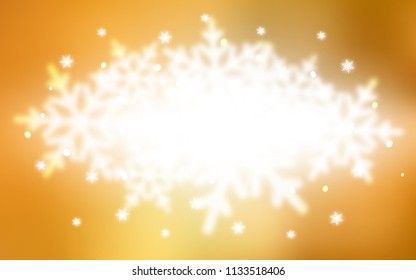 Light Orange vector cover with beautiful snowflakes. Blurred decorative design in xmas style with snow. New year design for your ad, poster, banner.