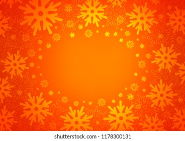 Light Orange vector cover with beautiful snowflakes. Decorative shining illustration with snow on abstract template. The pattern can be used for new year leaflets.