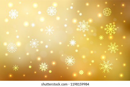 Light Orange vector cover with beautiful snowflakes. Blurred decorative design in xmas style with snow. New year design for your ad, poster, banner.