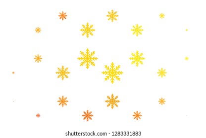 Light Orange vector cover with beautiful snowflakes. Snow on blurred abstract background with gradient. The pattern can be used for new year leaflets.