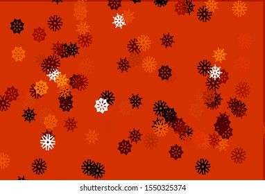 Light Orange vector cover with beautiful snowflakes. Glitter abstract illustration with crystals of ice. New year design for your business advert.