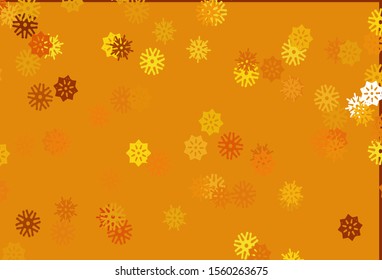 Light Orange vector cover with beautiful snowflakes. Snow on blurred abstract background with gradient. New year design for your ad, poster, banner.